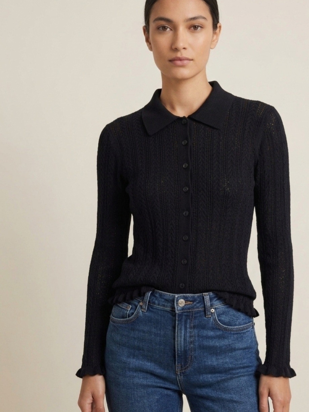 Madewell Black Snowy Lace Stitch Melody Collar Long Sleeve Top Pointelle-style